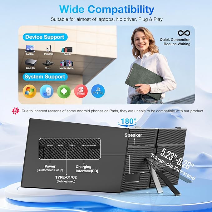 Laptop Screen Extender, Ultra-Thin 15.6" FHD 1200P 16:10 Portable Monitor for Laptop, Lightweight Dual Monitor Extender Plug & Play for 14.2"-17.3" Laptops, Compatible with Wins/Mac/Chrome/Linux