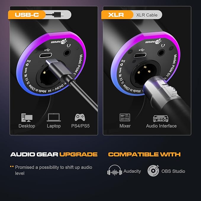 PUPGSIS XLR/USB Podcast Microphone, Gaming Mic with Mute Button, Reverb Effects, Noise Cancellation, Boom Arm Stand, Headphones Jack, Dynamic Microphone for Streaming/Recording/Gaming/Vocal-Black