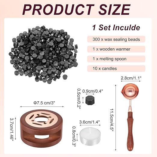 PATIKIL Wax Seal Kit, 300 Pcs Wax Sealing Beads, Wooden Warmer, Melted Spoon, 10 Pcs Tealight Candles for Envelope Letter Mailing Crafts DIY, Pearl Black