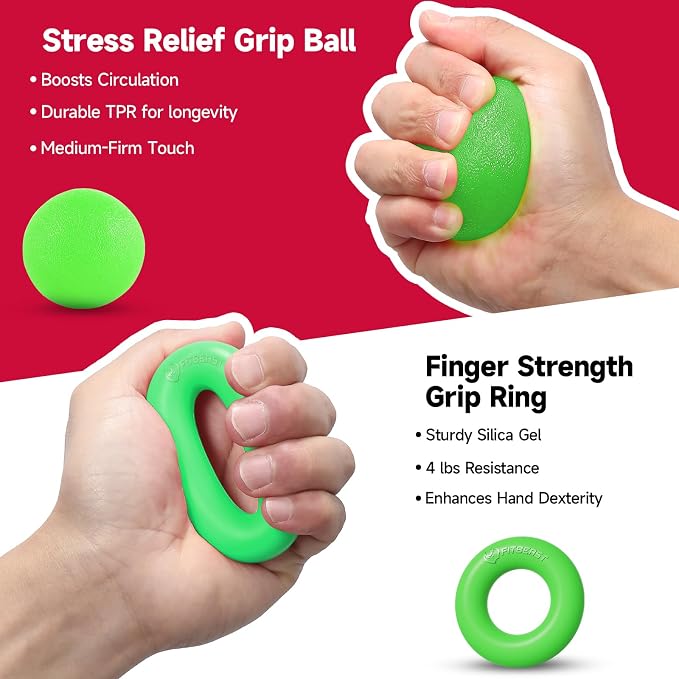 FitBeast Hand Grip Strengthener Workout Kit (5 Pack), 2 Forearm Grip Adjustable Resistance Hand Gripper, Finger Stretcher, Grip Ring & Stress Relief Grip Ball for Athletes