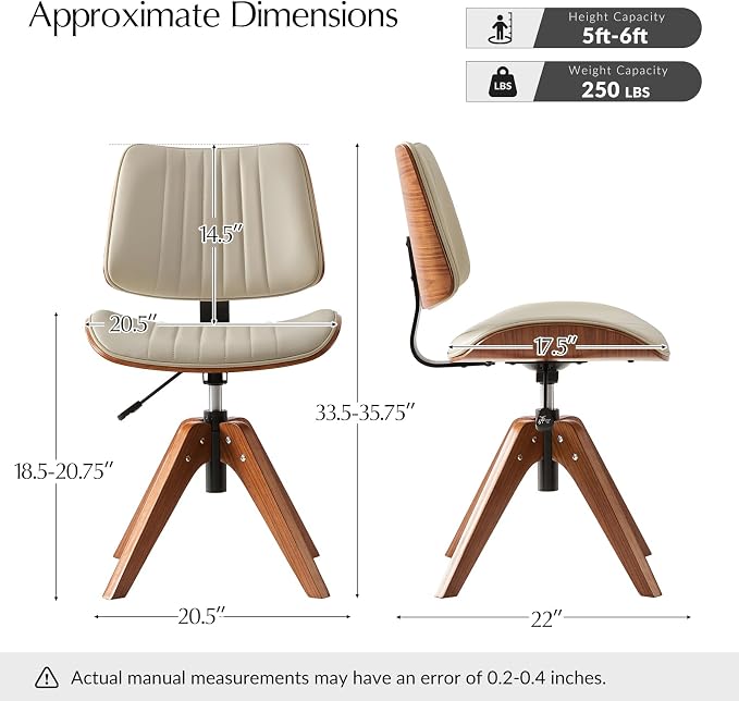 HULALA Home Faux Leather Home Office Desk Chair No Wheels, Ivory | Mid-Century Modern Desk Chair with Wood Legs, 360° Swivel Computer Task Chair with Channel-Tufted Backrest, Height Adjustable