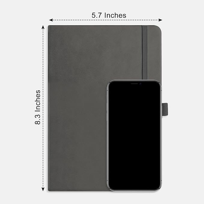 AHGXG Lined Journal Notebook, 160 Numbered Pages, A5 Medium Size (5.7'' x 8.3''), 120 GSM Thick Paper, for Men & Women, Journaling, Writing, Work & Office, Leather Hardcove (Gray)
