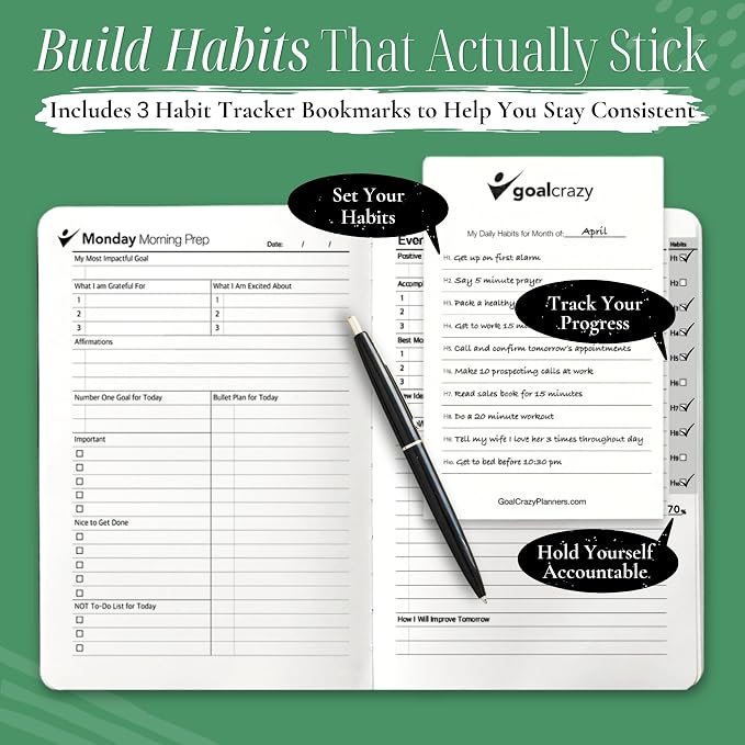 Goal Crazy Undated Daily Planner to Achieve Your Goals - 90 Day Guided Journal & Productivity Organizer with Goal Setting, Habit Tracker, To Do List, Academic & Work Calendar, Leather Hardcover - Forest Green