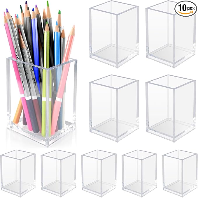 10 Pack Clear Acrylic Pen Holders For Desk, Pencil Cup Makeup Brush Holders | Square Acrylic Pen Cups For Pens, Markers And Makeup Brushes; Desktop Organizer For Office, School, Home And Vanity Supplies