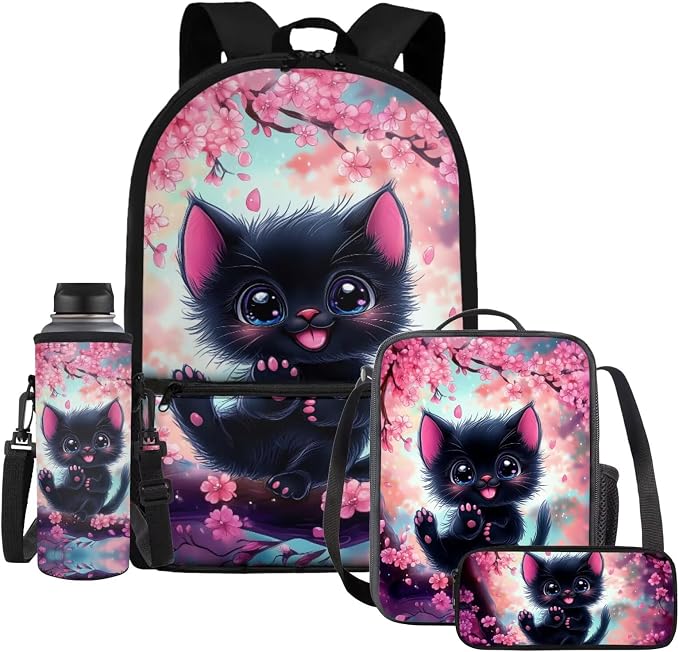 WELLFLYHOM 6-11 Kid 4 In 1 Cute Cat Bookbag Set, 17 Inch Cherry Blossom Backpack with Lunch Box for Girls, Back to School Supplies for Elementary Students, Mochila Para Niñas