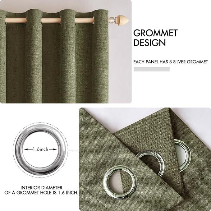 MIULEE Linen Texture Curtains for Bedroom Solid 100% Blackout Thermal Insulated Light Olive Green Curtains Grommet Room Darkening Drapes for Living Room 52x72 Inch (2 Panels)