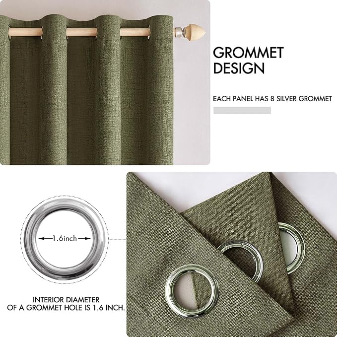 MIULEE Linen Texture Curtains for Bedroom Solid 100% Blackout Thermal Insulated Light Olive Green Curtains Grommet Room Darkening Drapes for Living Room 52x108 Inch (2 Panels)