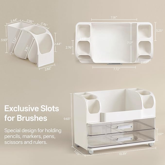 HBlife Desk Organizer with Pencil Pen Organizer for Desk, Pen Holder with 2 Drawers, Desk Organizers and Accessories with Compartments, Desktop Storage for Office Home School Art Supplies, White
