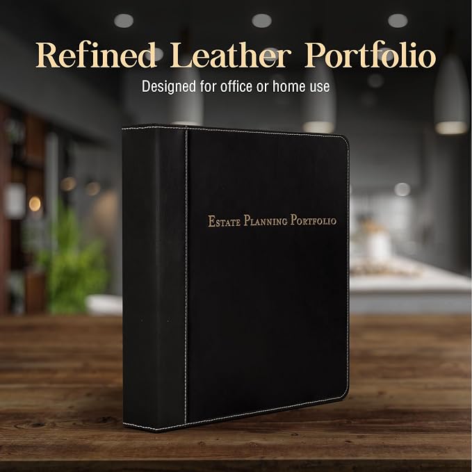 Estate Planning Leather Organizer Binder – Genuine Leather Estate Planning Portfolio, 3 Ring Round Ring Trust Binder with Tabs & Folder for Wills, Insurance & Legal Documents – Black Leather