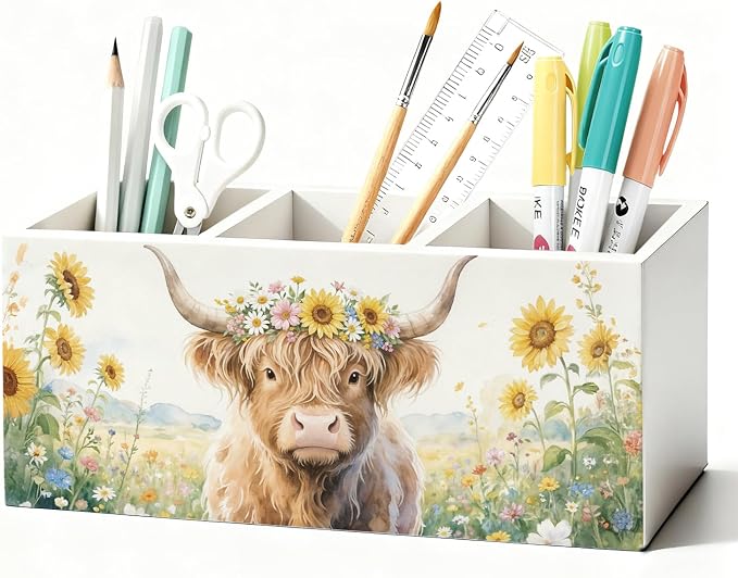 Highland Cow Floral Pen Pencil Holder for Desk, Highland Cow Gifts, Western Office Decor, Rustic Western Cattle Farm Animal Wooden Box Sign Decorations for Home Office Desk Tabletop