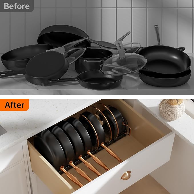 MUDEELA Expandable Pot Pan Lid Organizers inside Cabinet, 10 Divider 2-Pack | Expandable 11.8–22.9", 10 Adjustable Divider, Tool-Free Assembly, Non-Slip, Scratch-Proof, For Pan Lid Cutting Board Bakeware