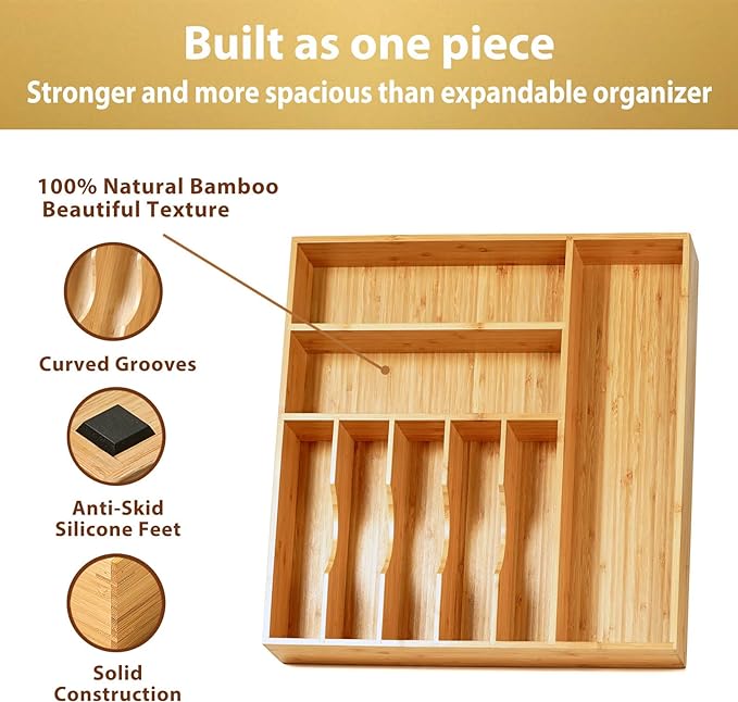 Large Kitchen Drawer Organizer, 19"x20" Silverware Utensils Organizer, 2.5" High for Large Deep Drawers, Bamboo Flatware Holder with Thick Frames, Sturdy Kitchen Organization Tray