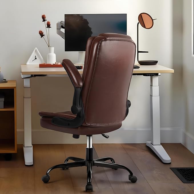 Ergonomic Office Chair with Flip-up Armrests, Big and Tall Leather Executive Office Chair, High Back Lumbar Support Home Computer Desk Chair, Heavy and Duty Computer Chair (Brown)