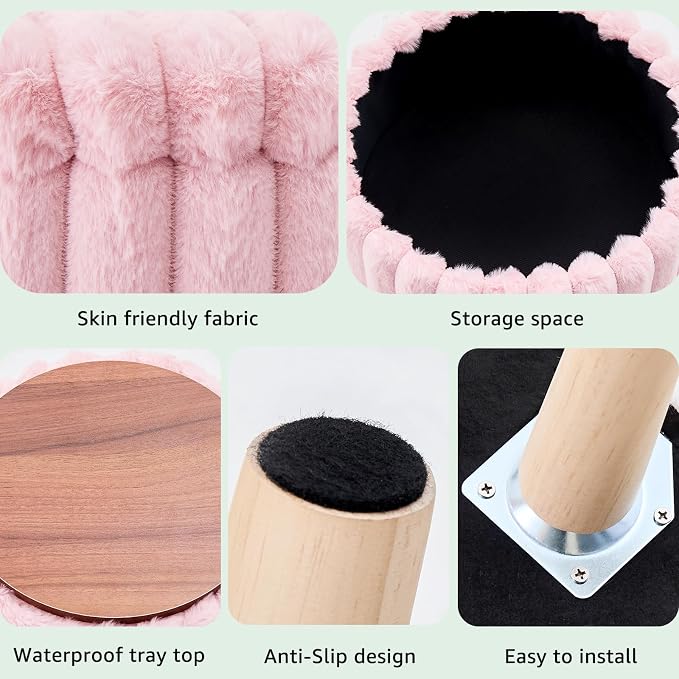 Wimarsbon Storage Ottoman, Modern Round Footrest with Soft Padded Seat, Teddy Velvet Footstool with Wood Legs, Accent Small Table or Plant Stand for Hallway, Living Room (Light Pink)