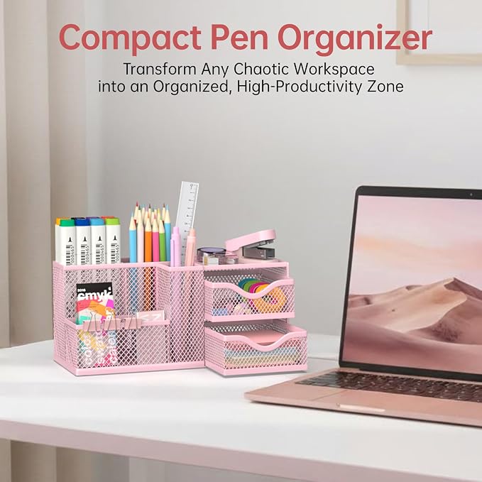 Mesh Desk Organizer, Pen Organizer with 2 Drawers and 5 Compartments, Versatile Pen Holder for Small Space, Desk Organizers and Accessories for School Office Supplies, Pink