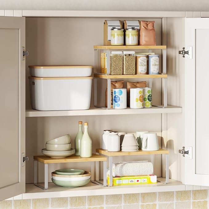 HOOBRO Cabinet Organizer Shelf, Set of 2 Kitchen Counter Shelves, Expandable Kitchen Storage, Stackable Bamboo Spice Rack, for Kitchen, Countertop, Office Desk, Bathroom, Natural and White YW30TL01