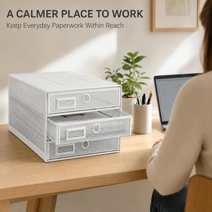 Exerz Paper Sorter 3 Drawer Wire Mesh A4 / Desk Multifunctional Desk Organiser/Multi-Layer Letter Tray - for Documents, Magazines, Notebooks and Letter (White) | Desk Organiser Pull Out Trays Keep Files Letters Magazines Folders Notebooks Neatly Separa...