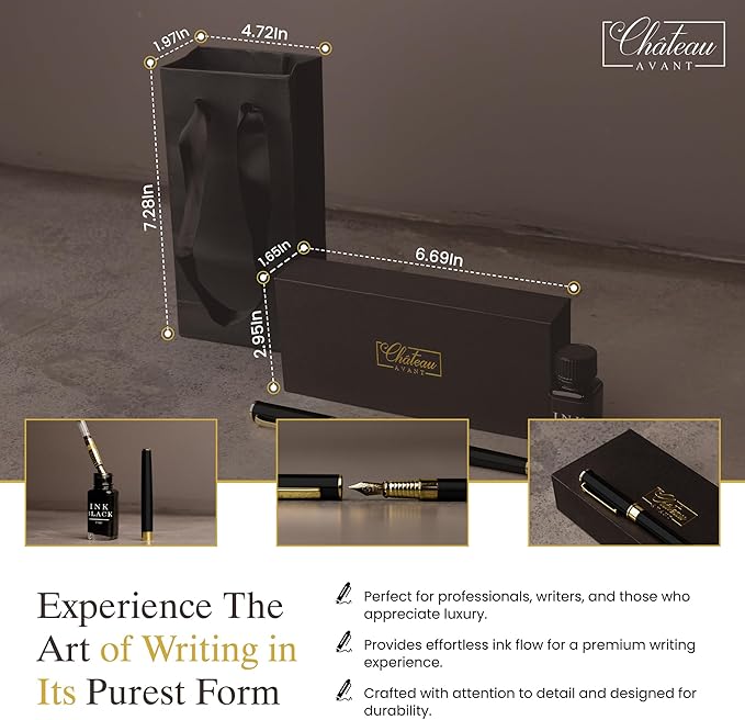 Luxury Fountain Pen Gift Set - Fine Nib Fountain Pen with Black Ink - Refillable Ink Set - Gifts for Him or Her