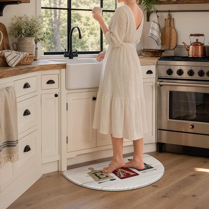 KIMODE Half Circle Anti Fatigue Mats for Cushioned Kitchen Mats for Floor | 18"x28",Red,Country Vintage,Non Slip,Kitchen Mats Waterproof,Memory Foam,Comfort, Half Round Small Standing Mat Decor