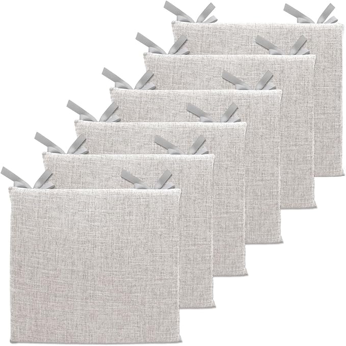 Lifup 6 Pack Chair Cushion Memory Foam Pads, Square Non-Slip Thick Dining Chair Cushions with Ties and Removable Cover for Home Office Restaurant Chair Pads Grey 18 x 18 Inch