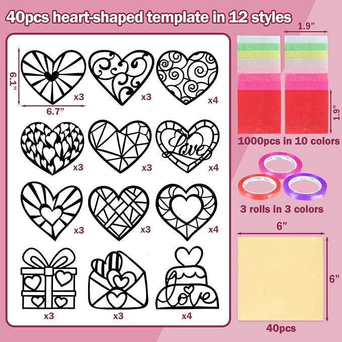 Renbuzhu 40PCS Valentines Day Crafts: Paper Heart Suncatchers, Christmas Valentine's Classroom DIY Kits, Window Stained Glass Effect Art Supplies