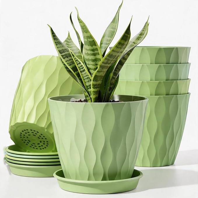 6 Pack Plant Pots with Drainage Holes, 4 Inch Plastic Indoor Flower Pots, Succulent Pots for Orchids, Violets, Succulents, Herbs and Other Small Plant, Light Green