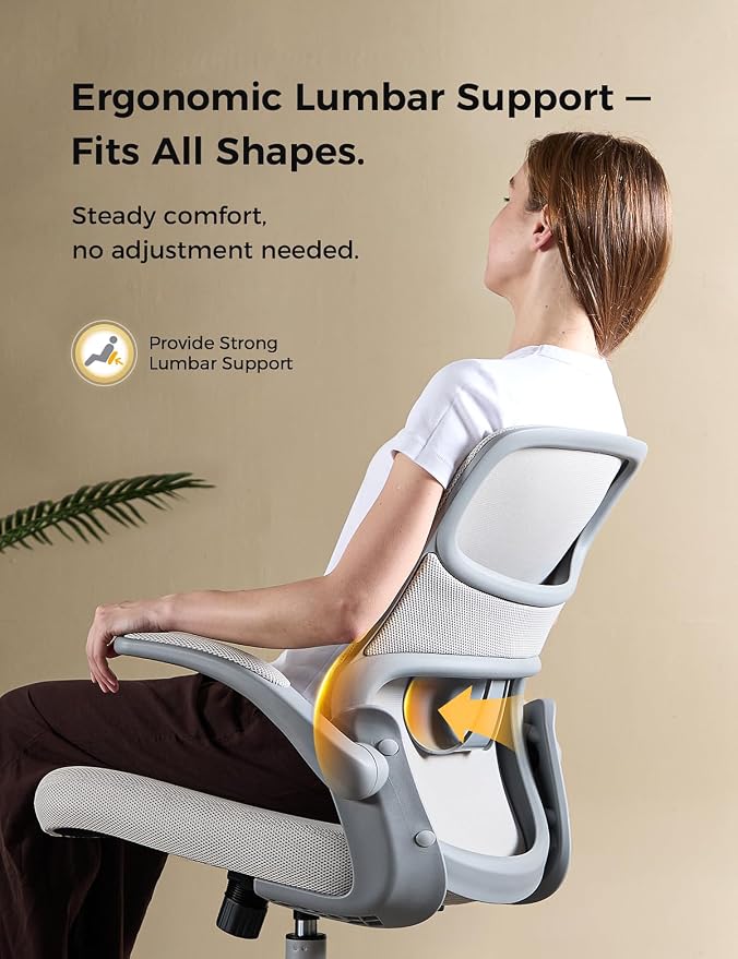 Small Mesh Office Chair with Flip-Up Arms, Ergonomic Desk Chair | Adaptive lumbar contour, 2.8inch dual-density foam and quiet casters aid computer work; 90° folding design tucks under table