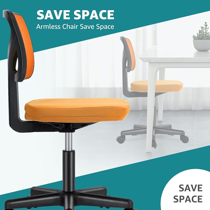 OLIXIS Ergonomic Armless Office Desk Chair with Wheels, Mesh Back, Removable Washable Foam Cushion, Height Adjustable Rolling Swivel Chairs for Small Space, Home, Office, Dark Orange