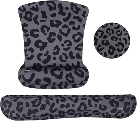 MOSISO Leopard Grain Wrist Rest Support for Mouse Pad&Keyboard Set, Black | Ergonomic Mousepad&Coaster Non-Slip Base Home/Office Pain Relief&Easy Typing Cushion with Neoprene Cloth&Raised Memory Foam