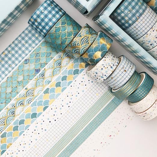 Creative Washi Tape Set 10 Rolls Gold Foil Print Decorative Masking Tapes for Arts, DIY Crafts, Journals, Planners, Scrapbook, Wrapping (Blue Melody)