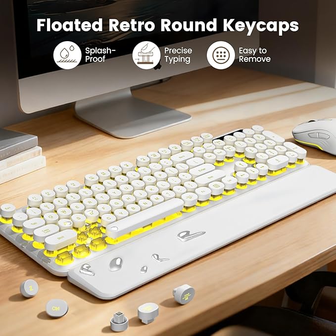 Wireless Keyboard and Mouse Combo, Backlit Round Keycaps, Retro Typewriter Keyboard with Detachable Wrist Rest, Rechargeable & Tilt Legs, 2.4GHz Cordless Connection for Windows/PC (Glowing White)