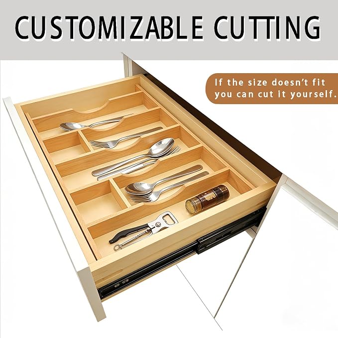 Silverware Drawer Organizer - Trim-to-Fit with Adjustable Dividers for Kitchen Utensil Storage, Beech Wood Frame with 11 Sizes (18.63" W x 22" D)