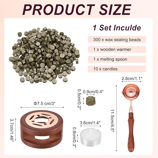 PATIKIL Wax Seal Kit, 300 Pcs Wax Sealing Beads, Wooden Warmer, Melted Spoon, 10 Pcs Tealight Candles for Envelope Letter Mailing Crafts DIY, Bronze