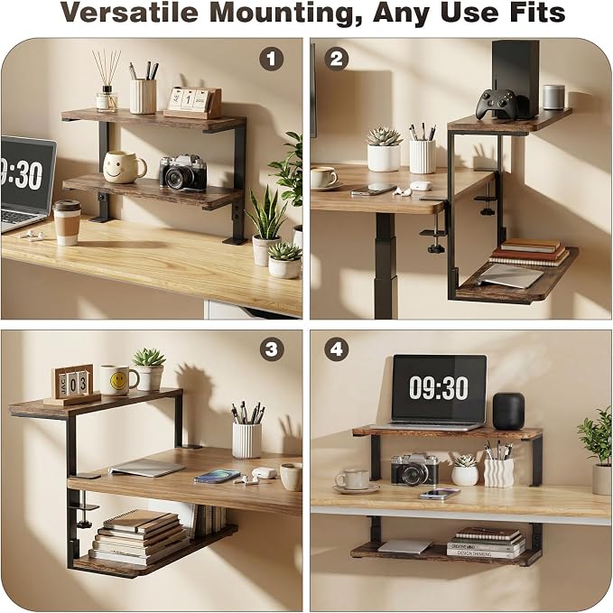 2-Tier Desk Extender, 22-inch Clamp-On Desk Shelf, Height-Adjustable Desktop Shelf Organizer for Monitors Office and Gaming Accessories, Arm Support Table Extension, Dark Brown