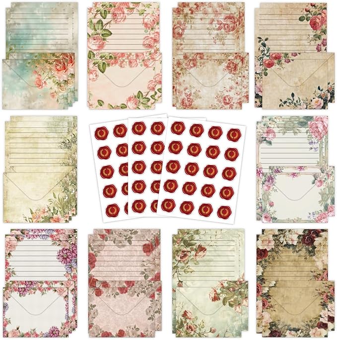 FUNCLASS 160 Pcs Stationery Set Letter and Envelopes – 50 Lined Stationery Paper and 50 Matching Envelopes, 5.5 x 8.25 Inches Letter Writing Stationery for Home, Office, School (Vintage Floral)