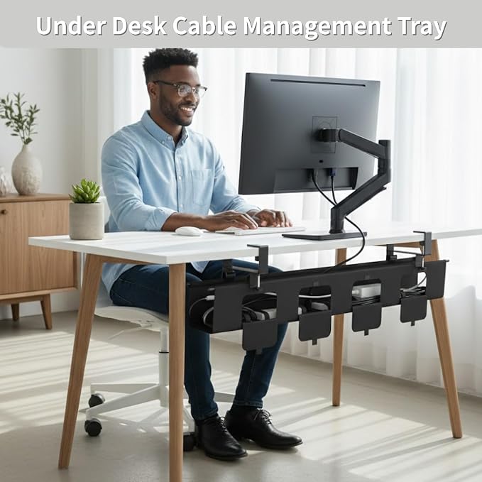 No Drill Under Desk Cable Management Tray, 47.5” Fabric Clamp Mount | Cord Organizer for Table, Heavy Duty Wire Management for Office Home, Black