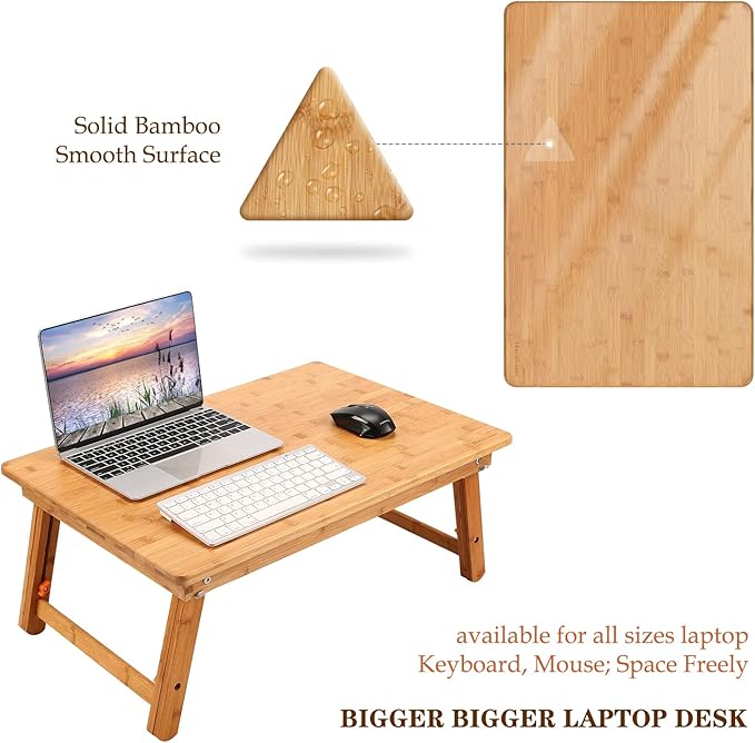 Large Size Laptop Tray Desk Nnewvante 25.6x17.7in Bamboo Floor Desk Low Table Bed Tray Table,Foldable Adjustable Study Writing Gaming Breakfast Serving Floor Table Support 18in Laptop w' 4 Leg Lock
