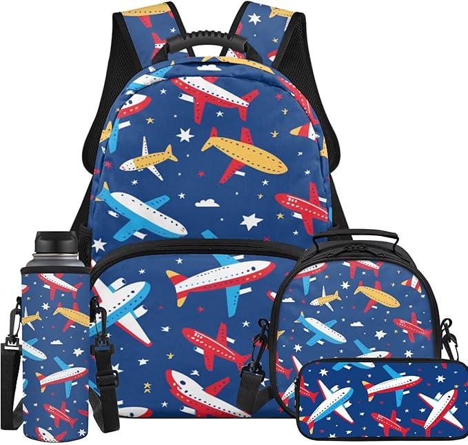 Ystardream Elementary School Bag for Boys Cartoon Airplane Backpack with Lunch Box Set for Teen Kids Backpack with Multiple Pockets Lightweight Pencil Case for Student Back to School Gift