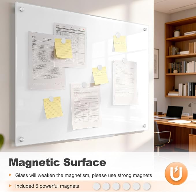 Magnetic Glass Whitebaord for Wall, 36" x 24" Dry Erase Frameless Glass Dry Erease Board for Home School Office, Ultra White