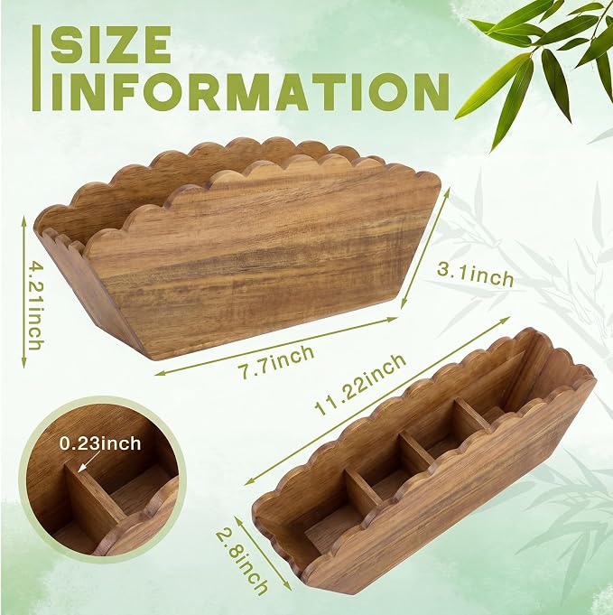 Jetec Scalloped Acacia Wooden Pencil Holder, Wooden Desk Organizer with 4 Compartment for Pens, Markers, Makeup Brushes, Remote Controls, Silverware, Decorative Cute Desktop Organizer for Office Home