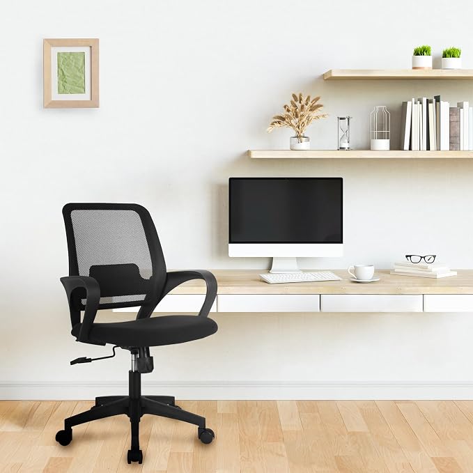 NEO Chair Office Desk Ergonomic Computer Mesh Chair with Lumbar Mid Back Support Adjustable Height Swivel Rolling Wheels Comfy Task Vanity Chair for Home Bedroom Study (All Black)