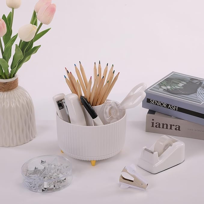 SKYDUE White Office Supplies Set, Office Desk Accessories 10PCS, Pencil Holder for Desk, Stapler, Tape Dispenser, Scissors, Ruler, Binder/Paper Clips and 1000pcs Staples,Desk Supplies Set