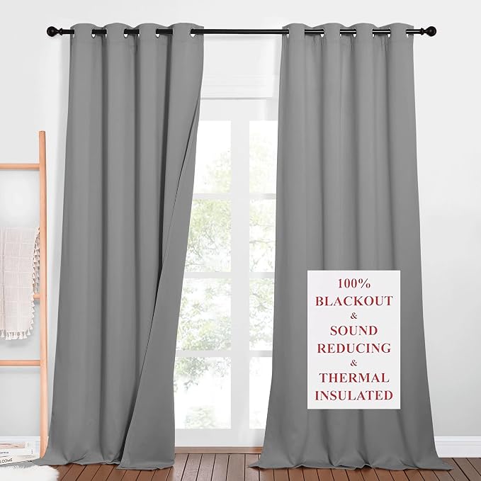 NICETOWN Outdoor Noise Blocking Blackout Curtains, Full Privacy Wall Divider, Heavy-Duty Blinds for Office Windows, Inside Detachable Felt Liner Curtains for Daytime Sleep (Silver Grey, 108" Length)