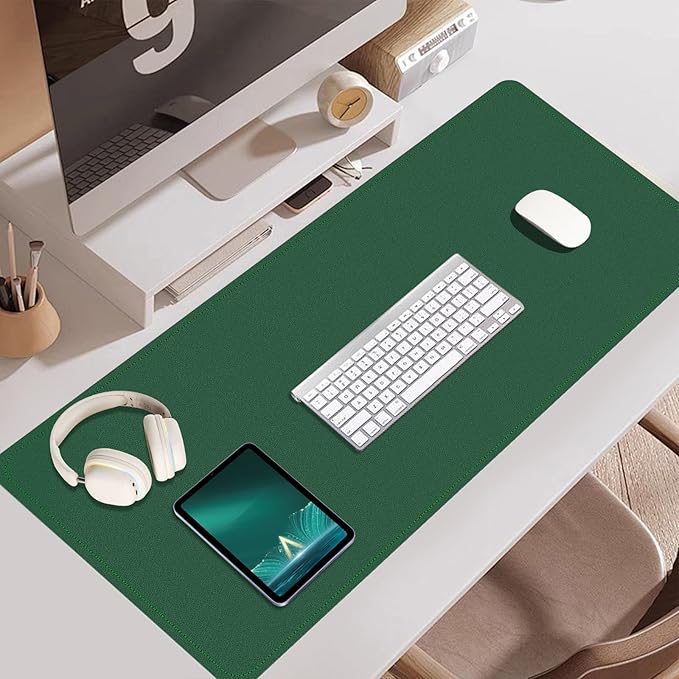 Dual-Sided Desk Pad, Natural Cork & PU Leather Mouse Pad for Desk, Desk Pad Protector, Non-Slip Desk Mat for Office and Home Work, (Dark Green, 23.6" x 13.7")