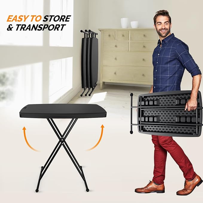 VINGLI Small Folding Table Portable, 30" Adjustable Height Personal Laptop TV Tray, Camping Table, HDPE Plastic Top with Steel Frame,Black
