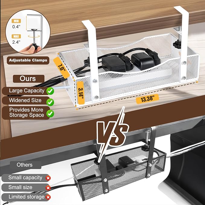 Extra Wide Under Desk Cable Management - 7inch No Drill Installation Cable Management Tray, Clamp/Screw Mount Desk Cable Management, Cable Management Tray for Office, Home((White, XL)