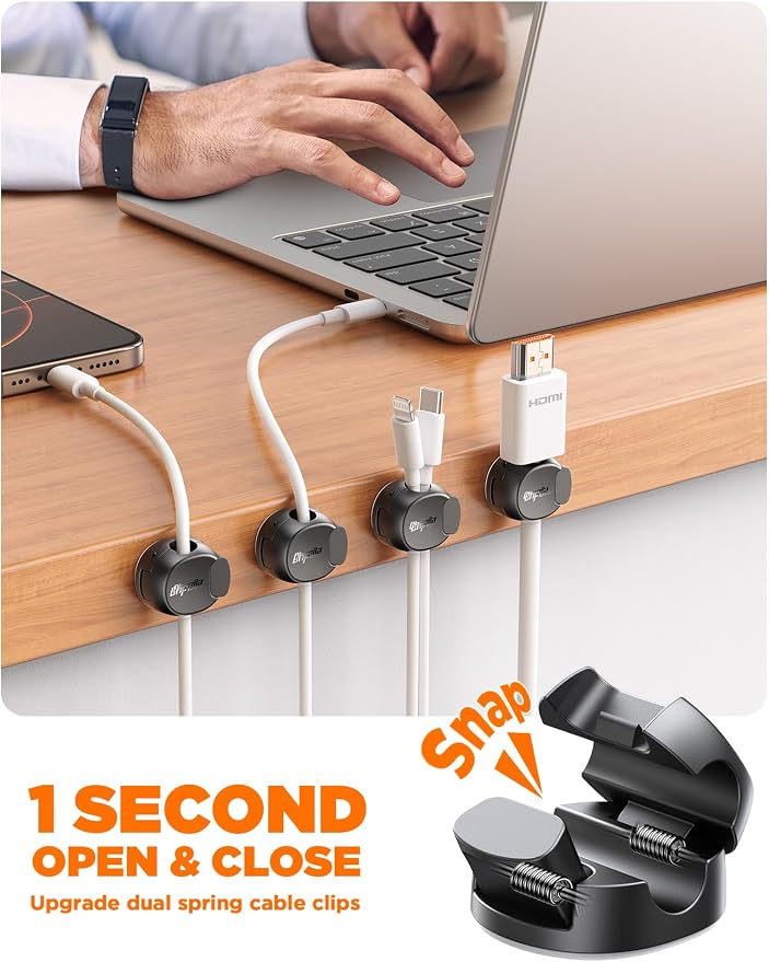 16Pack Cord Organizer [Dual Spring & Clasp, Max Secure] Cable Clips - Chfeila Cord Holder, Desk Cable Management, Adhesive Phone Charging Wire Holder for Nightstand/Car/Wall, Office Accessory - Black