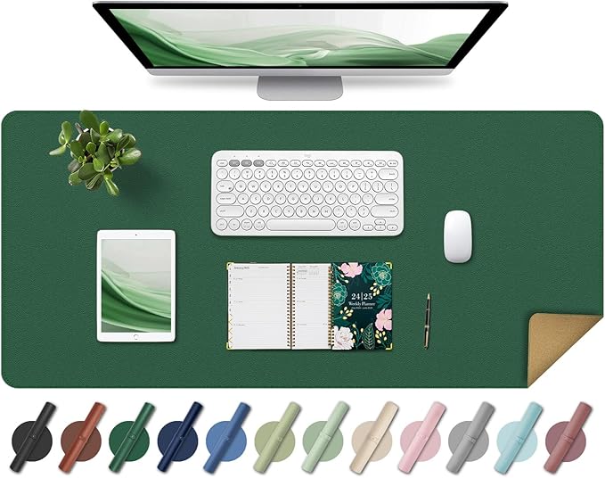 Non Slip Desk Mat, 31.5" x 15.7" PU Leather Desk Pad, Cork Desk Mat for Desktop, Desk Pad for Keyboard and Mouse, Ideal for Office and Home, Dark Green