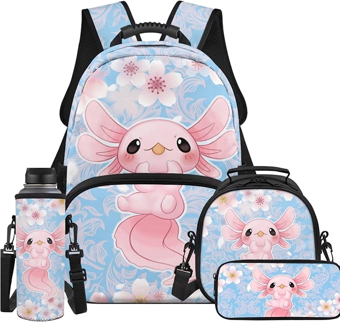 Ystardream Baby Axolot Elementary Backpacks for Girls with Lunch Box Cherry Blossom Kids School Bookbag with Pencil Case&Water Bottle Sleeve 4 in 1 Set for Student Back to School Gift