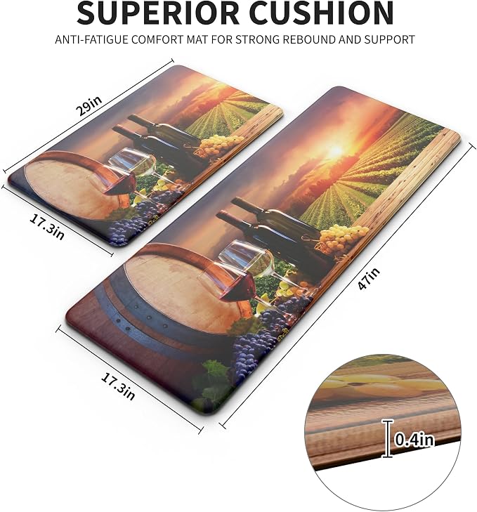 MAYHMYO Wine Country Kitchen Decor Mat Set, 2PC Kitchen Mats, Anti Fatigue | Wine Country Design,Cushioned Comfort,Non-Slip Backing,Waterproof Surface,Soft Underfoot,Easy Clean,Sink,Laundry Room